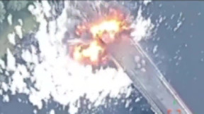 Moment of impact and destruction of a bridge in Kursk region,Russia